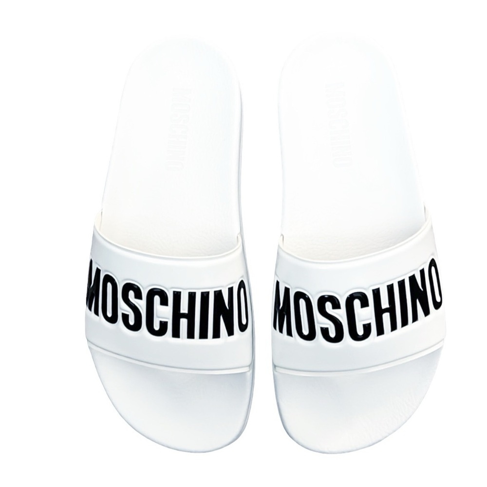 MOSCHINO Logo Slide Sandals in White, Size 38 New in Box